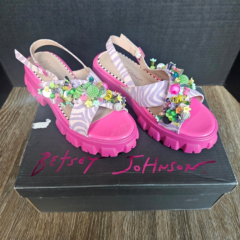 Betsey Johnson Selah Platform Sandals Pink Zebra Print Sling Back Beaded Lug 7.5